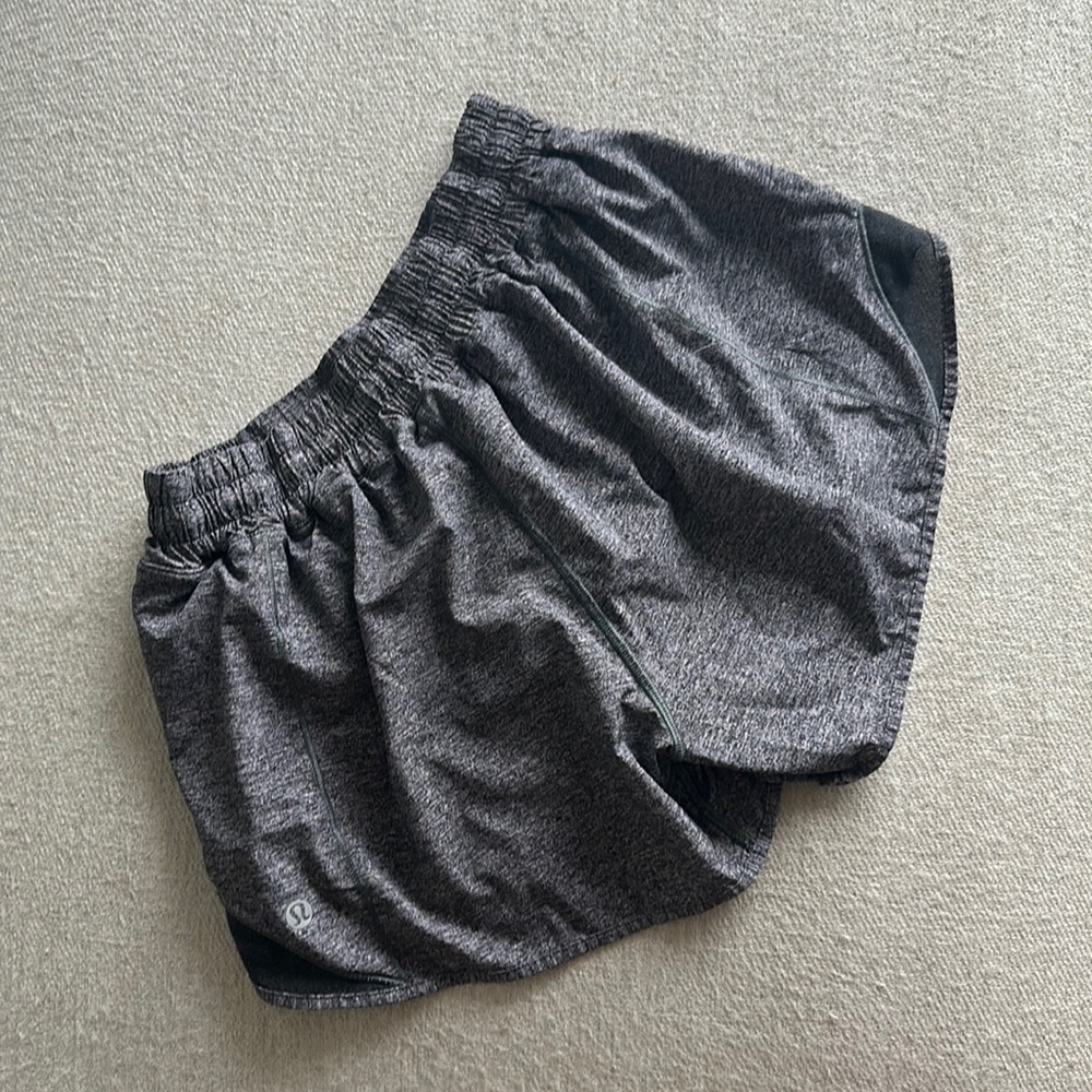 Lululemon, grey running shorts with built in liner and hidden pocket, size med